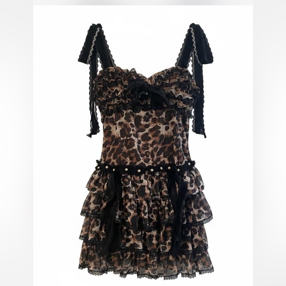 Brown Leopard Print Ruffle Mini Dress with Black Trim